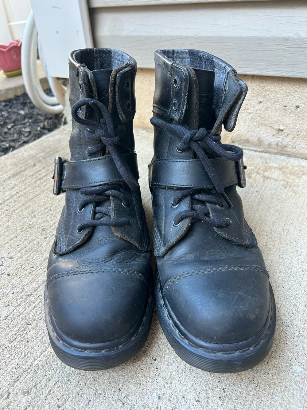 Dr. Martens Triumph 1460 Men Black Leather Lace Combat Boots with Silver Buckle